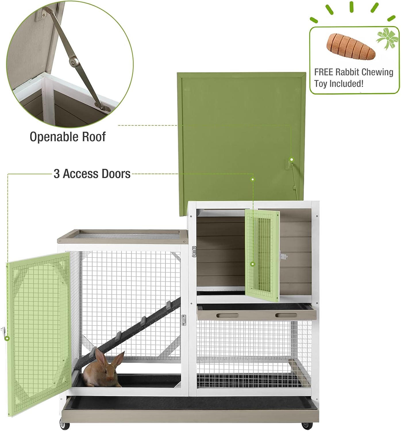 BUTINGLALE Indoor Outdoor Rabbit Hutch, Bunny Cage on Wheels with 2 Deep No Leakage Pull Out Trays (Without Bottom Wire Mocca)
