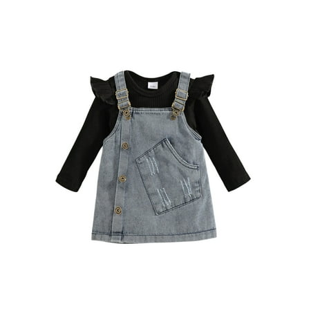 

Canrulo Toddler Baby Girl Clothes Summer Ruffle Sleeve Ribbed T-Shirt Top+Overall Denim Suspender Dress 2Pcs Outfits Black 0-3 Months