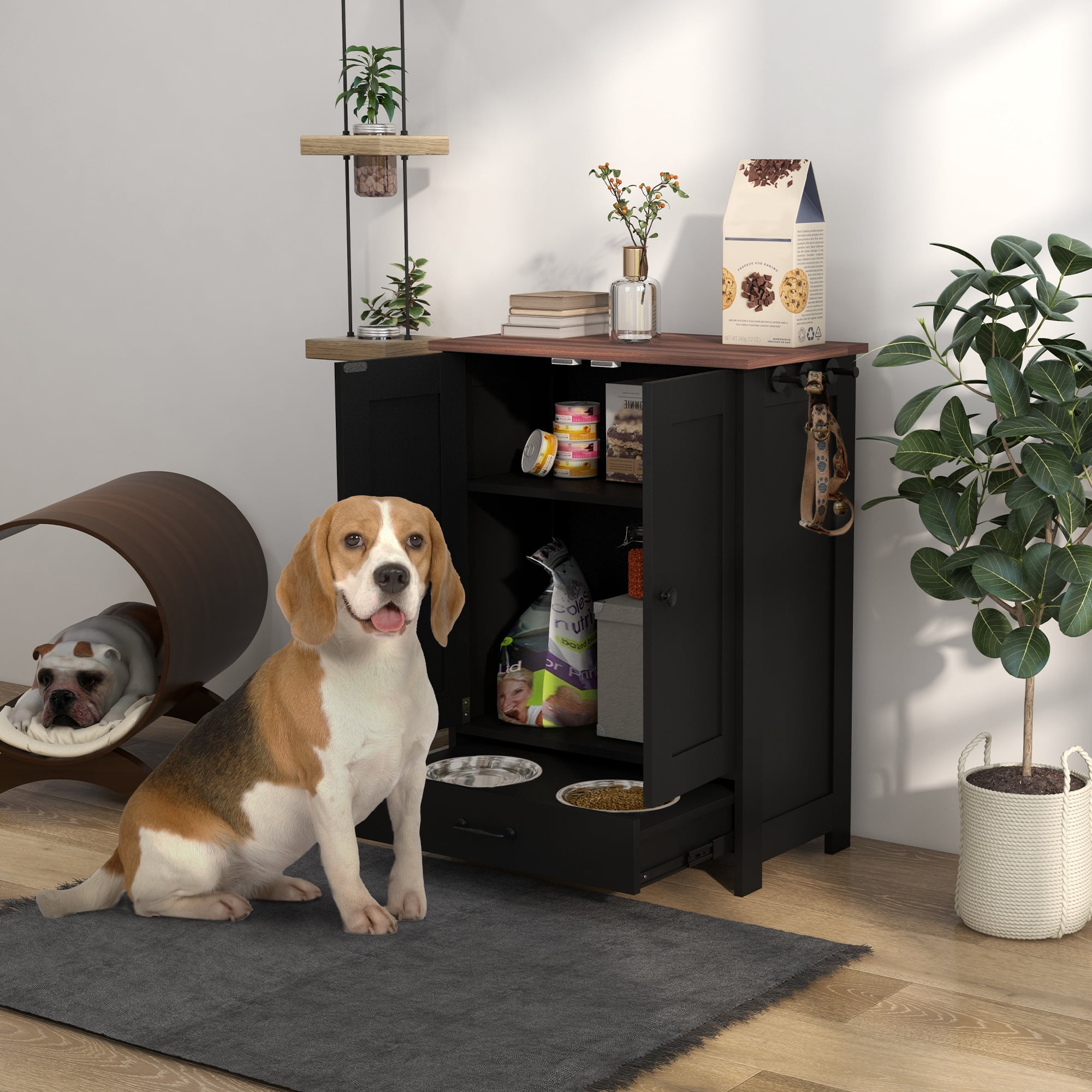 PawHut Dog Feeding Station w/ Raised Dog Bowls, Adjustable Panel, Black