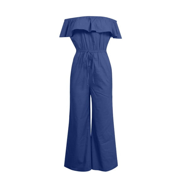 Women’s Denim Ruffle Wide Leg Jumpsuit - Off-Shoulder Casual Summer Romper Blue M