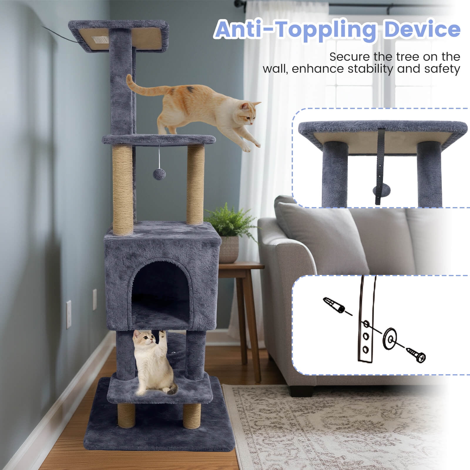Costway 64” Tall Cat Tree with 2 Large Condos, Jute Scratching Posts, Plush Top Perch Dark Gray