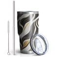 thumbnail image 2 of 30oz Black White Gold Wave Marble Pattern Tumblers Stainless Steel Tumbler with Lid and Straw,Vacuum Insulated Double Wall Travel Tumbler Cups Mug with Cleaning Brush for Coffee,Tea, 2 of 7
