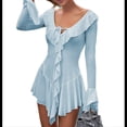 thumbnail image 3 of Vestido Mini Ajustado de Larga con Escote en V y Hombros Descubiertos con Volantes en para Mujer Azul L, 3 of 7
