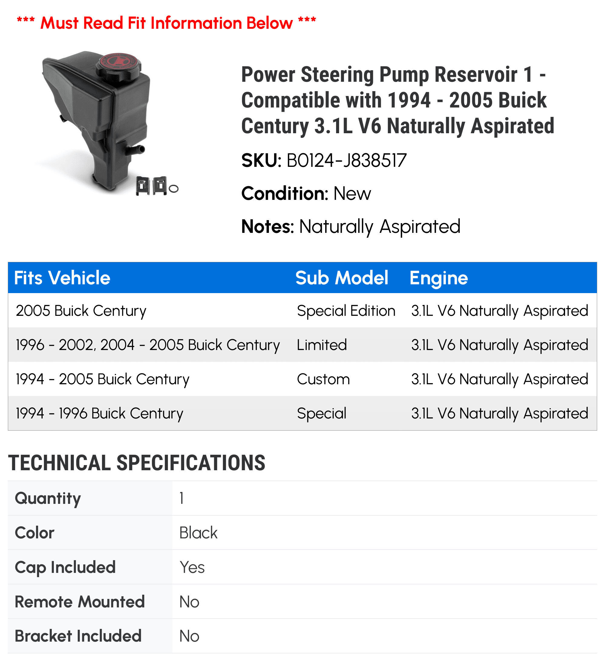 Power Steering Pump Reservoir 1 - Compatible with 1994 - 2005 Buick Century 3.1L V6 Naturally Aspirated - Autopart Premium
