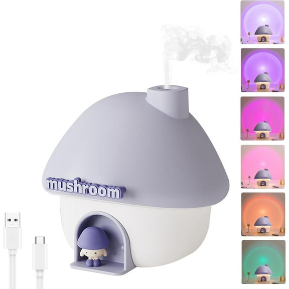 Small Humidifier for Bedroom, 300ML Pur House Mini Humidifier with 6 Colors Sunset Light, 2 Spray Modes Portable Baby Humidifier, Cute Rechargeable Mushroom Night Light for Kids