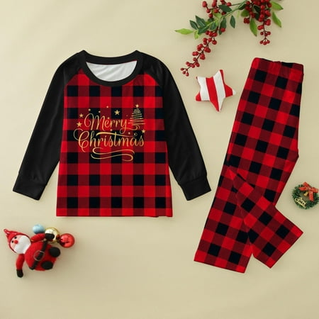 

Matching Family Kid Pajamas Sets Christmas Print With Letter And Plaid Printed Long Sleeve Tee And Bottom Loungewear
