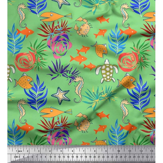 Soimoi Poly Georgette Fabric Coral,Fish & Sea Turtle Ocean Decor Fabric Printed Yard 52 Inch Wide