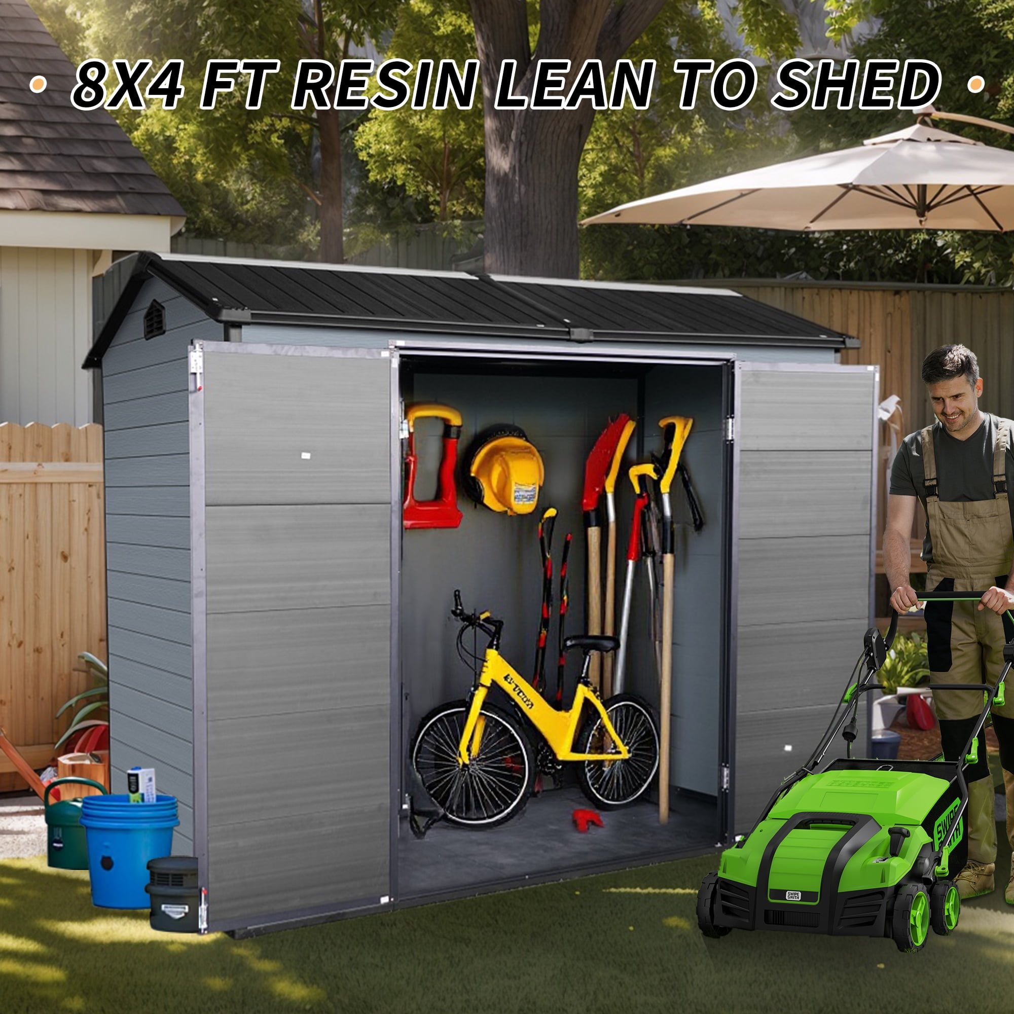 8x4ft Resin Outdoor Storage Shed with Reinforced Floor and 2 Windows, Heavy Duty Plastic Garden Tool Shed for Patio, Backyard, with Lockable Door for Bicycles, Lawn Mower - Gray/Black