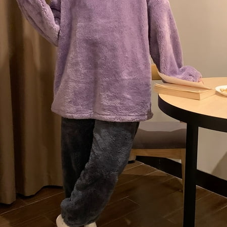 

2-Piece Women‘s Autumn & Winter Warm Simple Pajamas Set Solid Crew Neck Top Pajamas & Fluffy Elastic Waistband Pants Women‘s Loungewear & Sleepwear