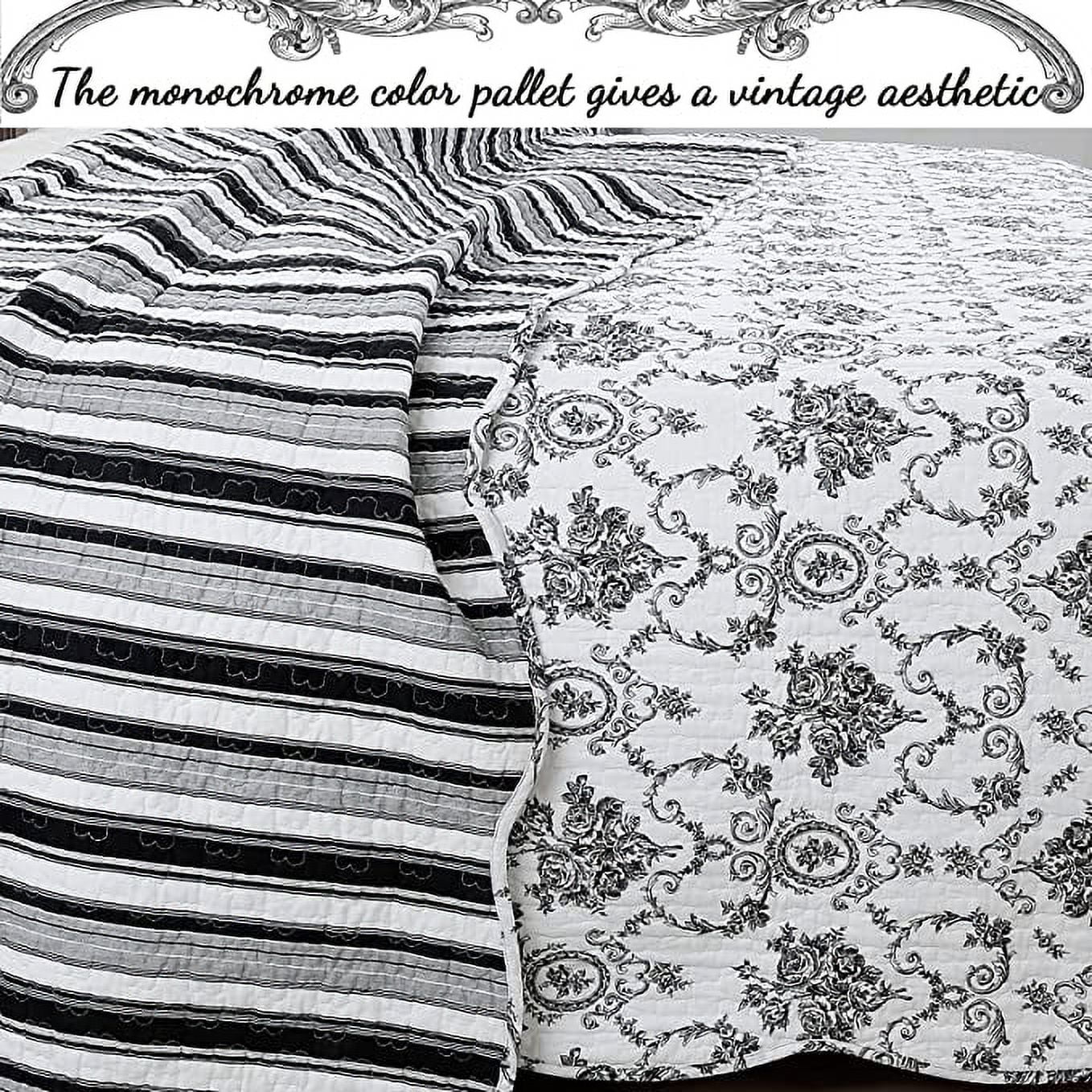 Cozy Line French Medallion Toile Black Reversible 100% Cotton 3-Piece Quilt Set, Queen Set