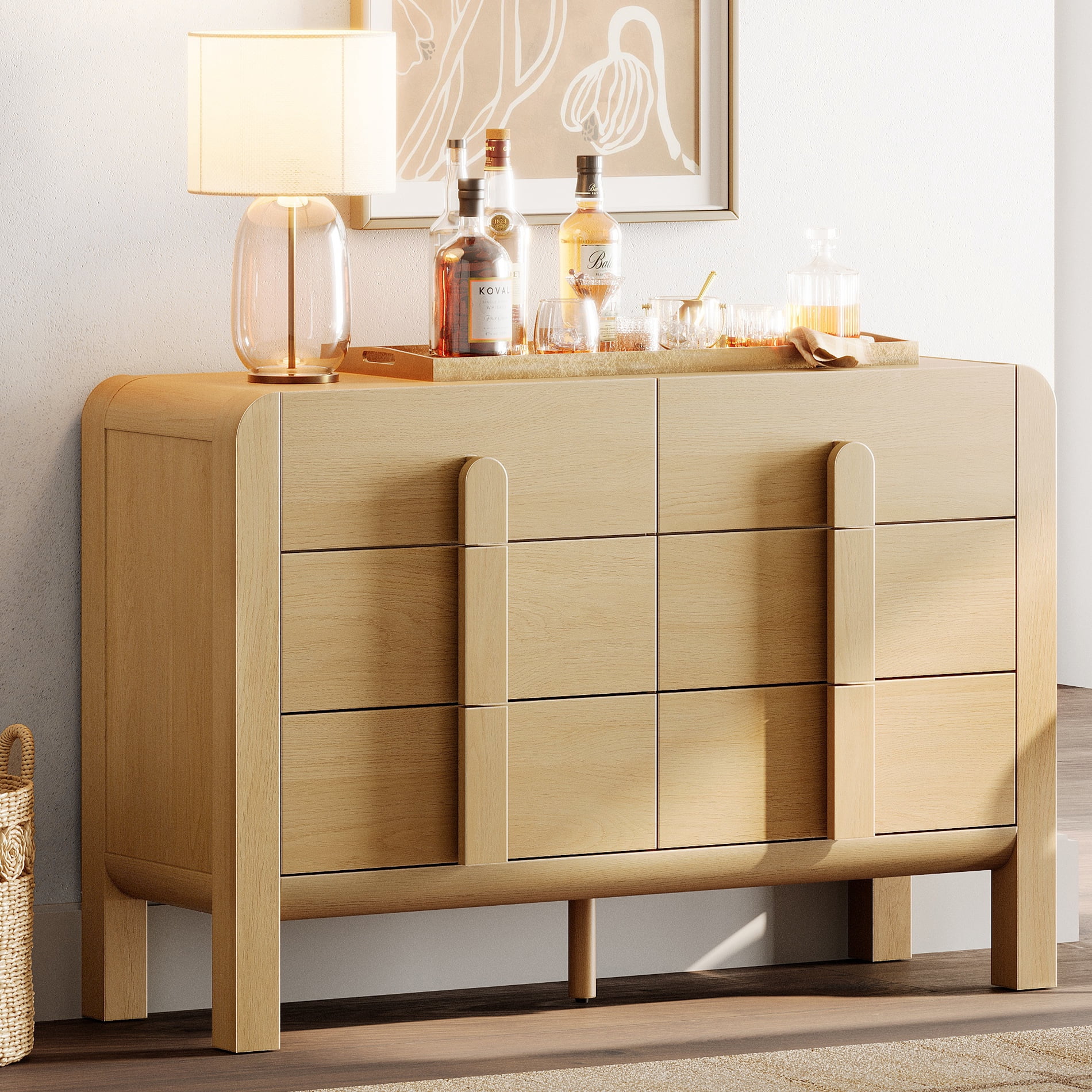 Mid Century 6 Drawer Dresser for Bedroom, Wide Modern Chest of Drawers with Curved Profile Design, Wood Closet Clothes Storage Organizer for Bedroom, Living Room