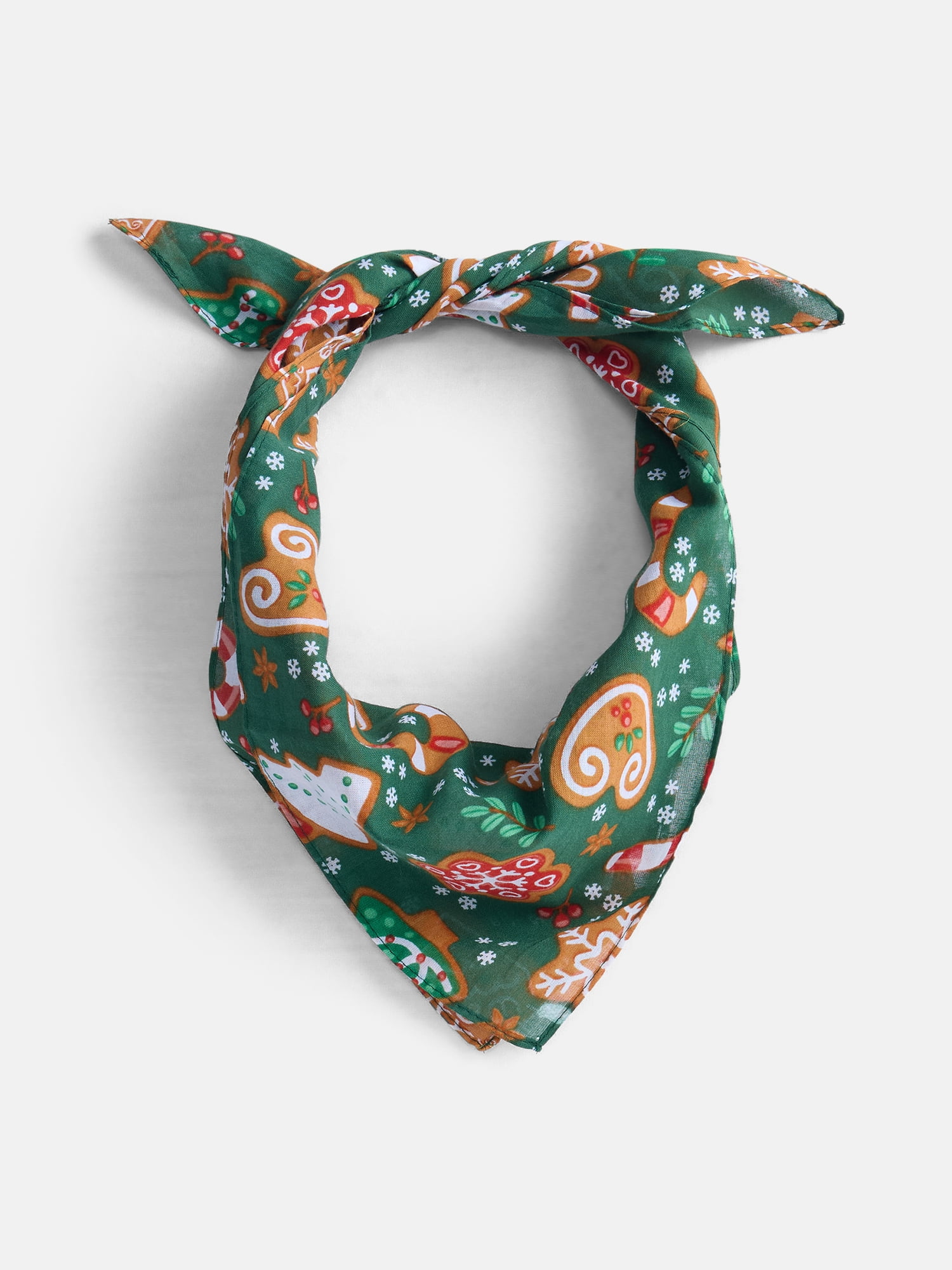 Holiday Time Woven Gingerbread Cookies Bandana, One Size, Green/Multi, Cotton