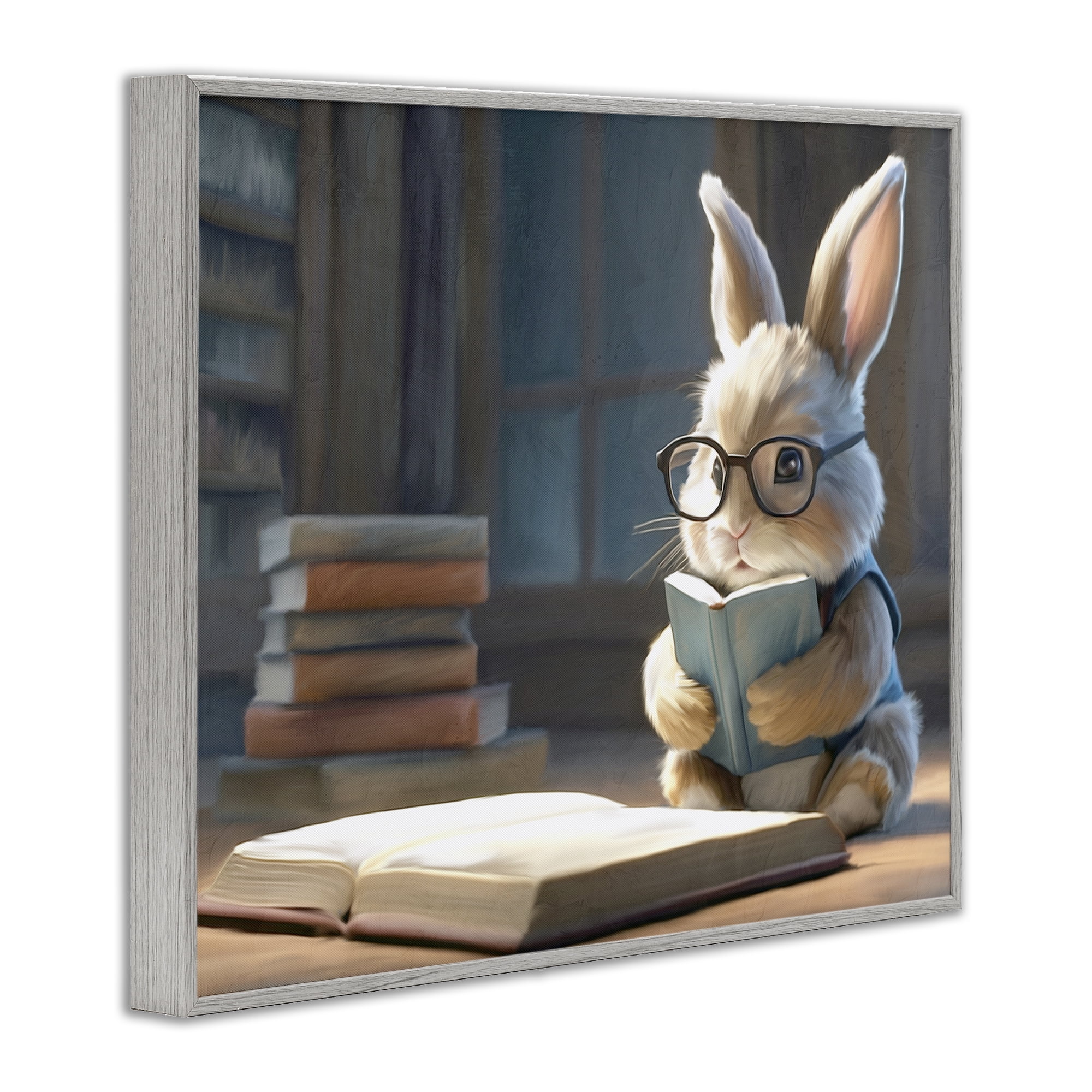 Stupell Industries Bookish Bunny at Desk Gray Framed Giclee Art, design by Kim Allen