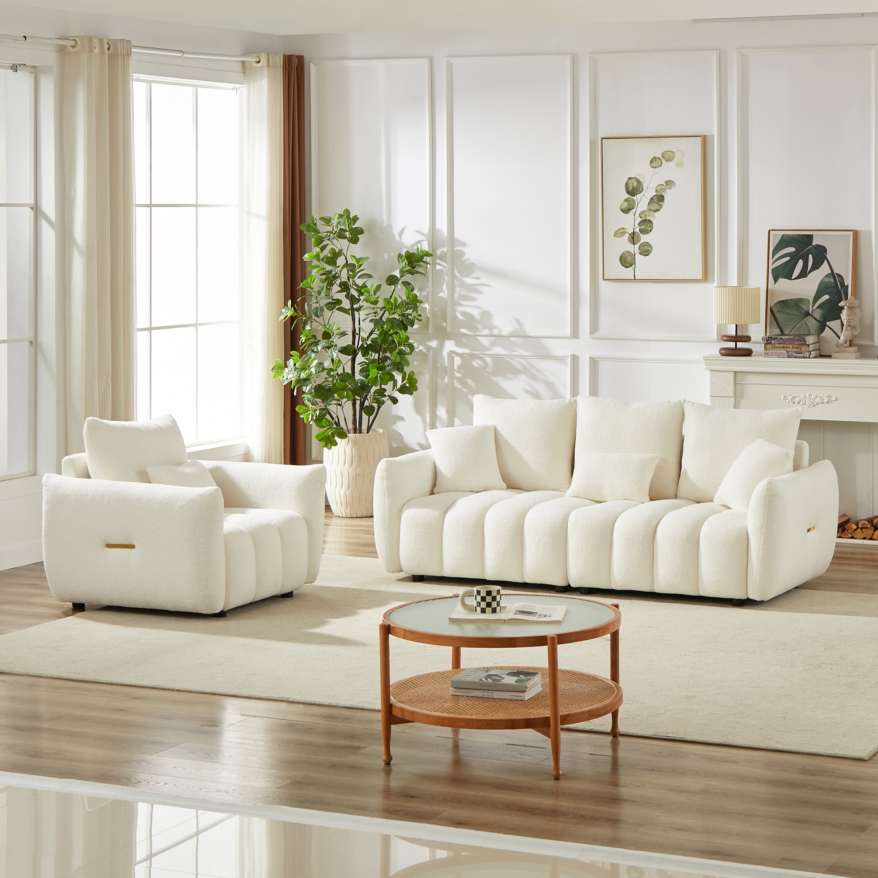 Combo Sofa Set 3+1 Seater with 4 Cushions, Teddy Fleece Wooden Frame Modern Living Room Sofa for Apartment, Beige