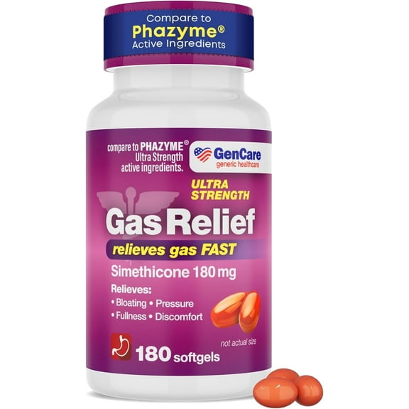 GenCare Ultra Strength Gas Relief Simethicone 180mg Anti Flatulence, 180 Softgels