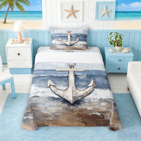 Manfei Oil Painting Anchor Beach Twin Sheet Sets for Kids Boys and Girls Nautical Bedding 3 Pieces 1 Flat Sheet 1 Fitted Sheet and 1 Pillowcase