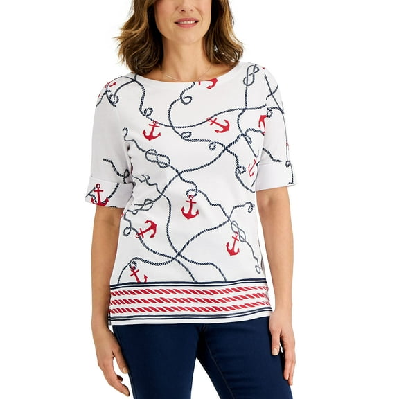 MSRP $30 Karen Scott Womens Petite Anchor Print Boatneck Top White Size Small P