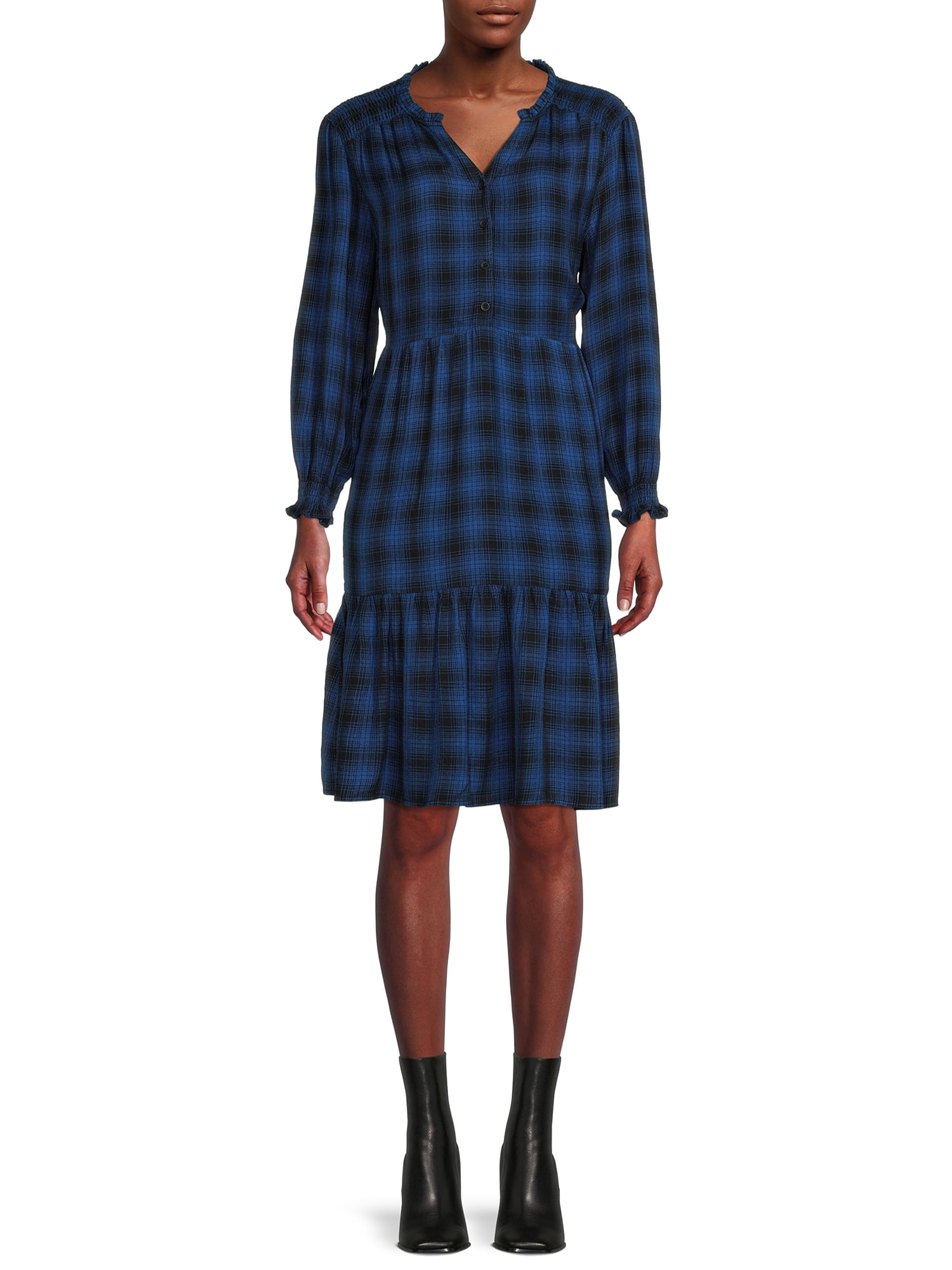 Blu White Blu Women's Smocked Shoulder Plaid Dress