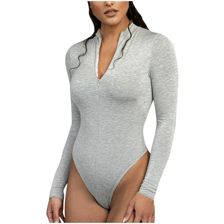 Long Sleeves Bodysuit for Women Half Zip Front Mock Collar Slimming Thong  Shapewear Solid Tight Jumpsuit