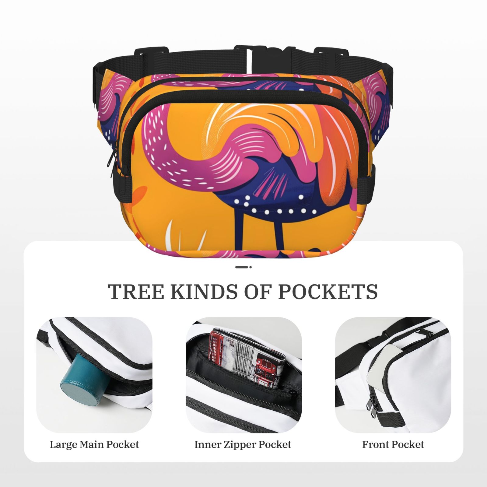 Picia Vibrant Flamingo Illustration Print Square Double-Layer Waist Bag Mini Adjustable Waist Belt Bag Exercise Running Travel Hiking