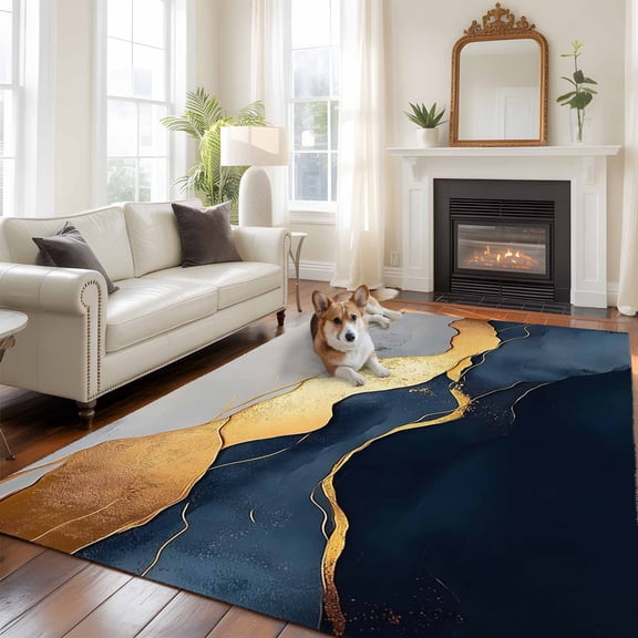 6'x9' Area Rugs, Navy Blue Geometric Indoor Outdoor Area Rug for Living Room Bedroom, Modern Abstract Luxury Golden Washable Bathroom Rugs Kitchen Floor Carpet Mats Home Decor Aesthetic