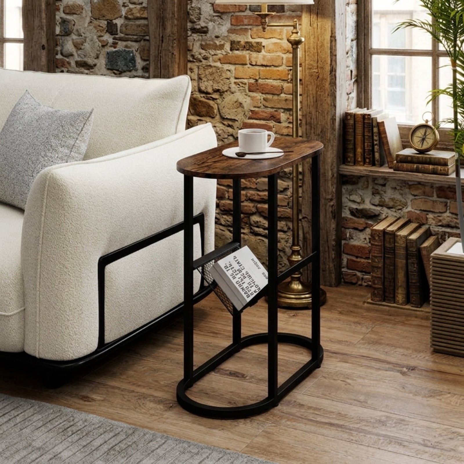 Furnibear Narrow Oval End Table with Mesh Storage Shelf and Steel Frame for Small Spaces Bedside and Sofa Living Room, Rustic Brown