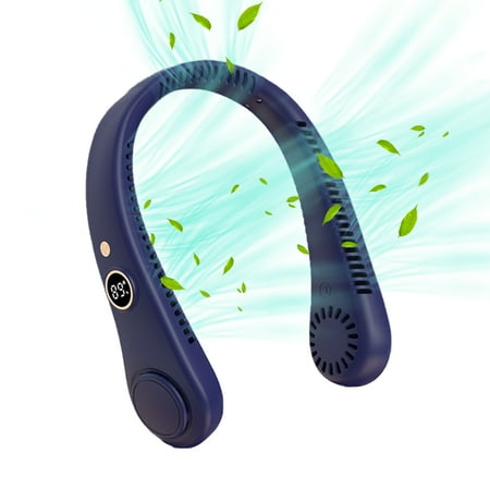 

360° Cool-ing LED Digital Display USB Wearable Fan - 5 Wind Speeds Hanging No Hair Twisting Leaf Less Portable Outdoor Hanging Neck Lazy Necklace Fan Gifts Blue