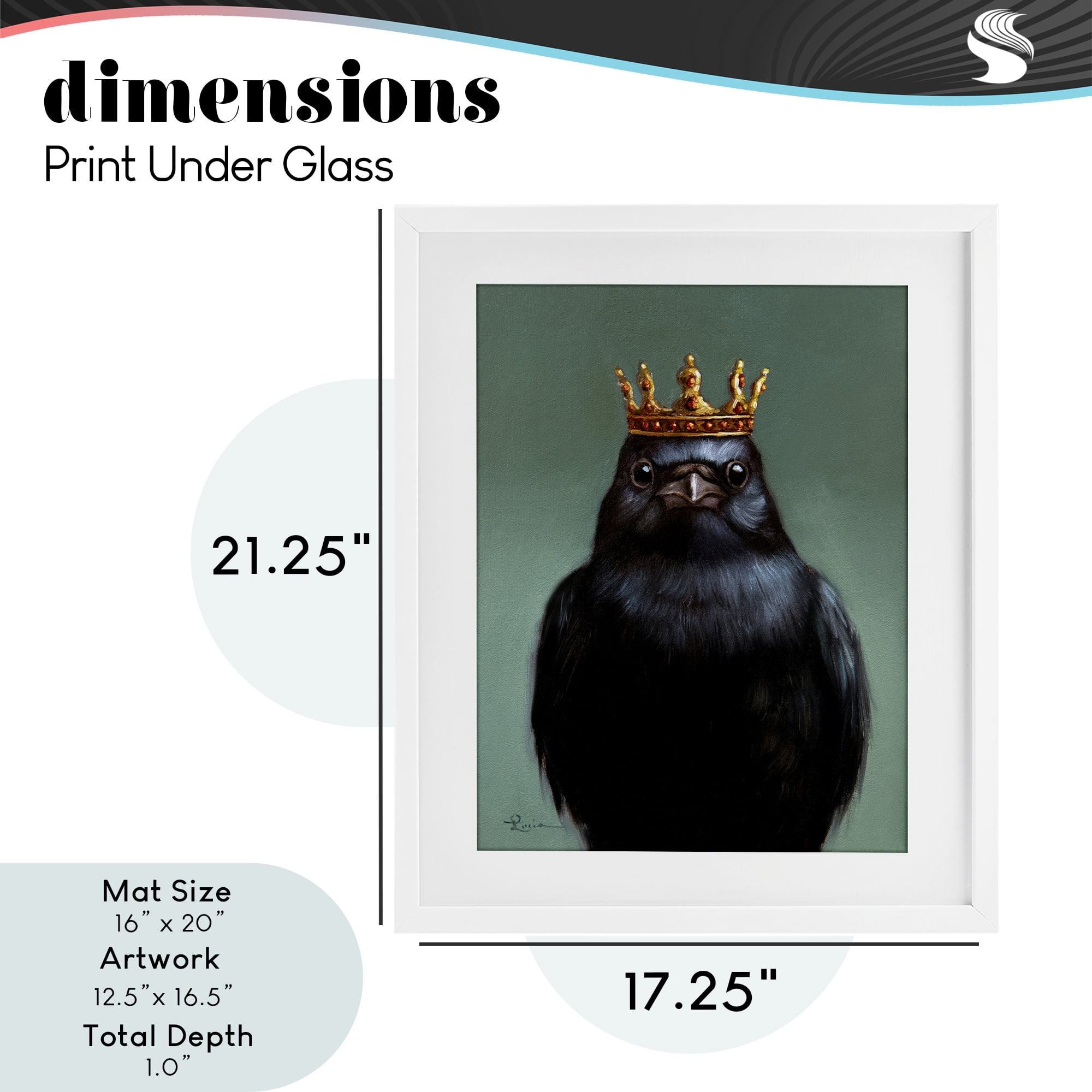King Crow Portrait White Framed Print Under Glass, design by Lucia Heffernan