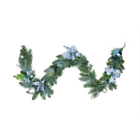 - 6' Pre-Decorated Peacock Blue Silver Balls and Poinsettias Artificial Christmas Garland - Unlit