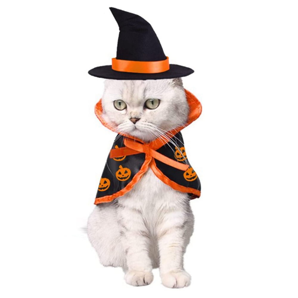Halloween Cat Costume Witch Cloak Wizard Hat 2 PCS Pet Costumes for