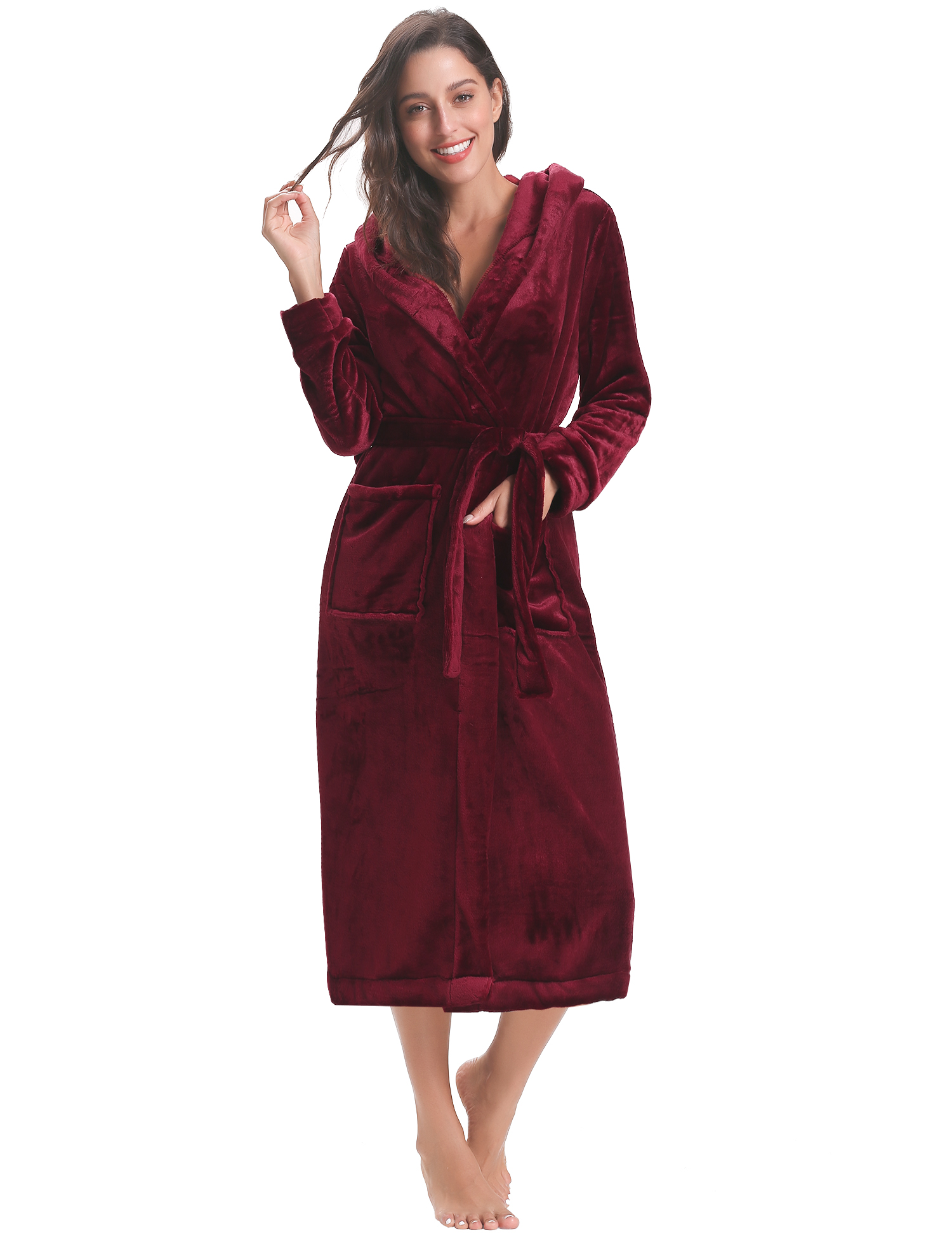 Purcoar Robes for Couples Long Hooded Robe Fleece Bathrobe with Pockets