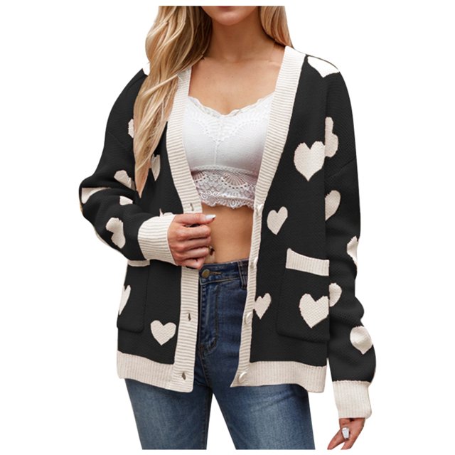 Cardigan en Tricot avec Cœur pour la Saint-Valentin, Col en V, Coupe Régulière, avec Poches pour Femmes