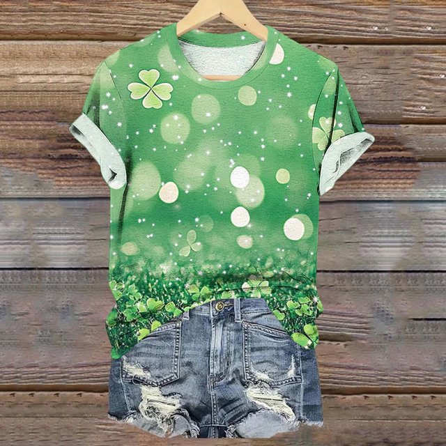 Meichang T-Shirts St Patrick's Day pour Femmes Imprimé Trèfle Col Rond Vert Manches Courtes T-Shirts Décontractés Joyeux St Patricks Day Tops
