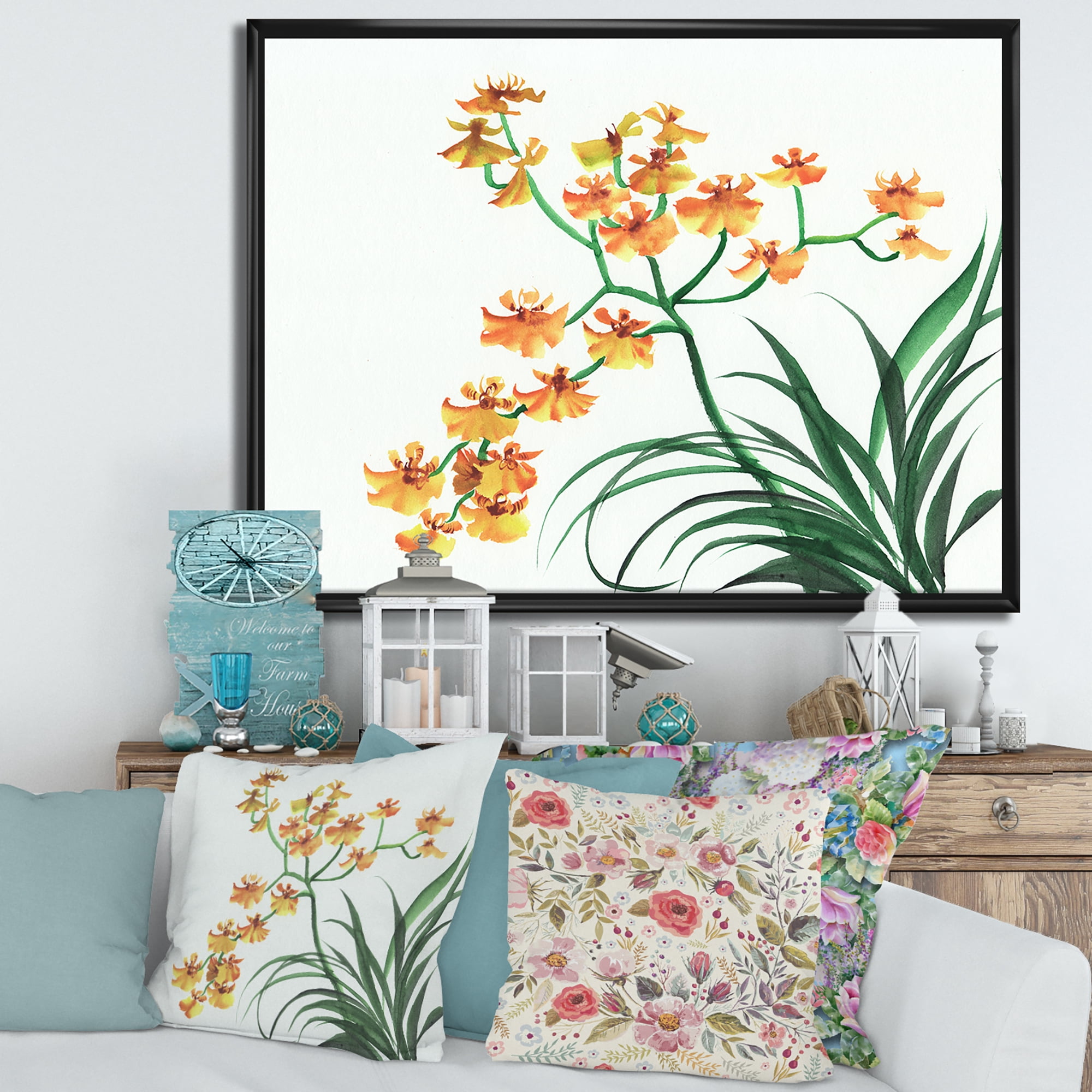 Designart 'Yellow Vintage Orchids On White' Traditional Framed Canvas Wall Art Print