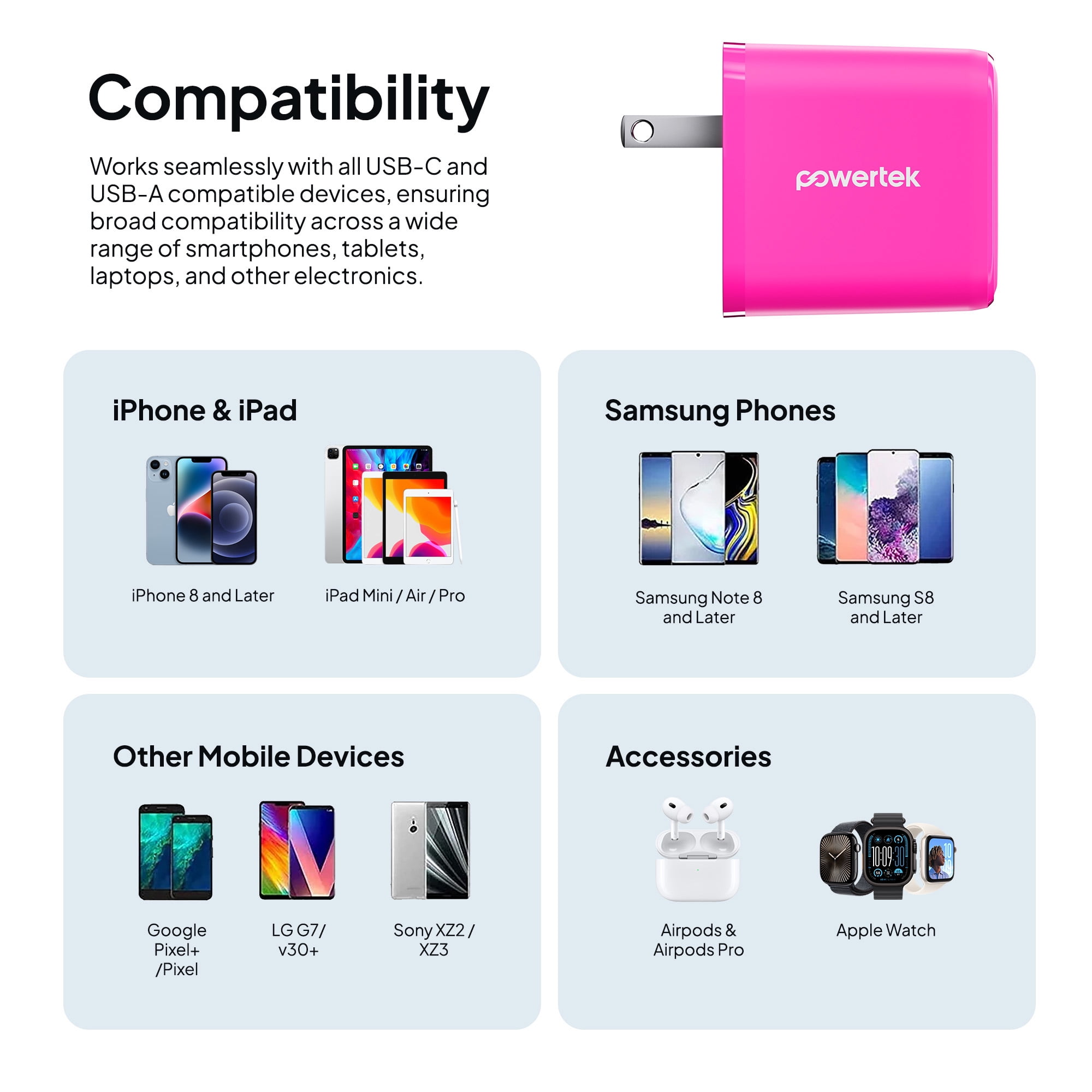 Powertek 20W USB-C PD + USB-A Dual Port Wall Charger, Pink