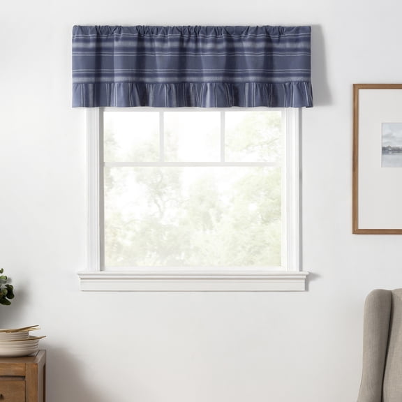 Martha Stewart Ruffle Stripe Valance Poseidon Blue, Pole Top, Light Filtering, Indoor, Adult, 1 Piece, 60"W x 14"L