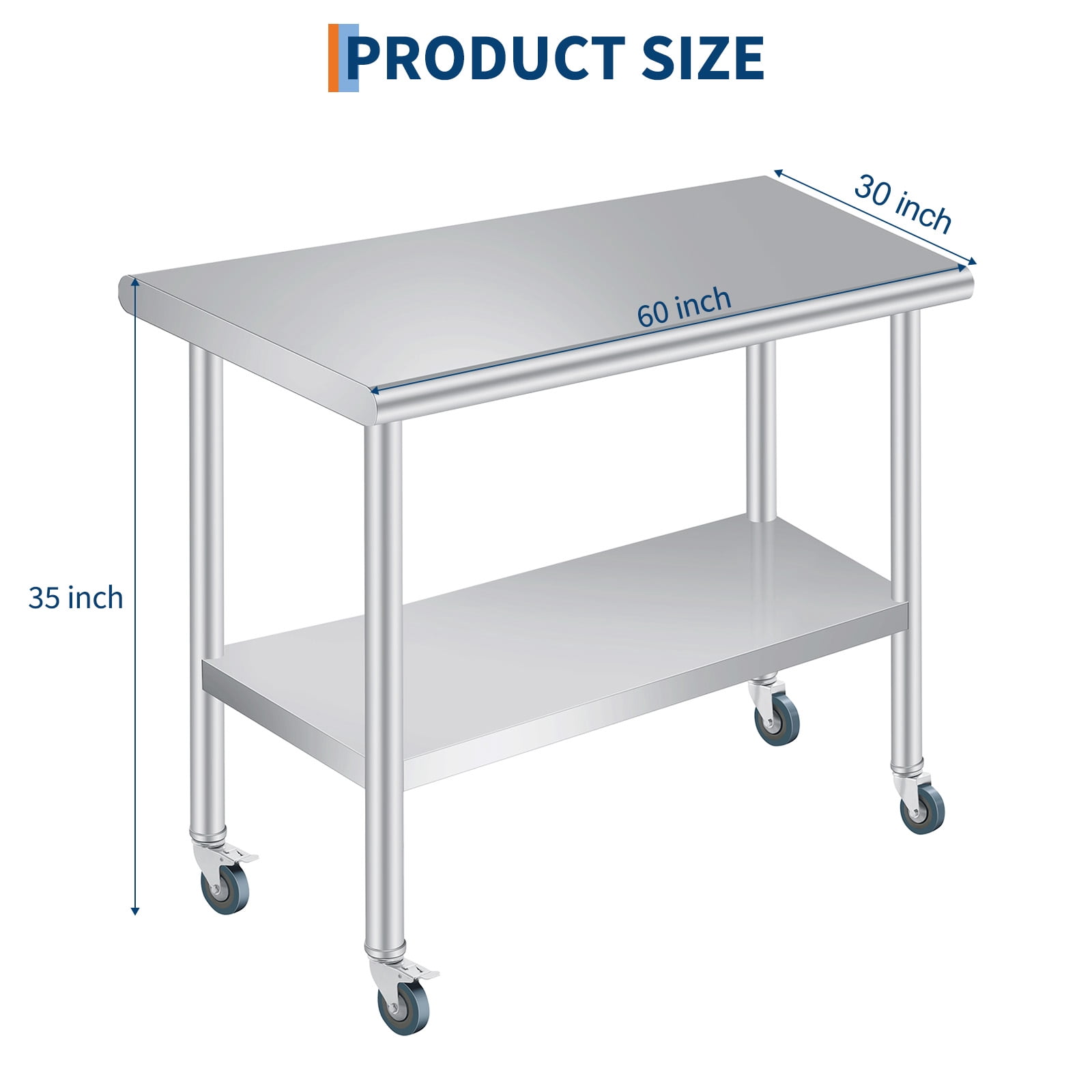 Heavy Duty Stainless Steel Outdoor Kitchen Prep Table with Backsplash – Adjustable Undershelf, 4 Caster Wheels – Commercial Storage Workstation for Patio, Restaurant, Catering – 30 x 60 Inch