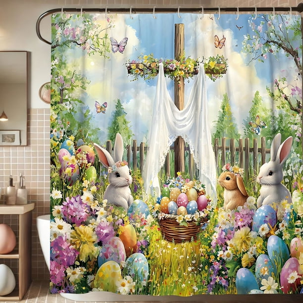 Accesorios de baño con estampado de conejito de Pascua de primavera, cortina de ducha y cortina de ventana de baño, cortina de ducha de nailon lavable