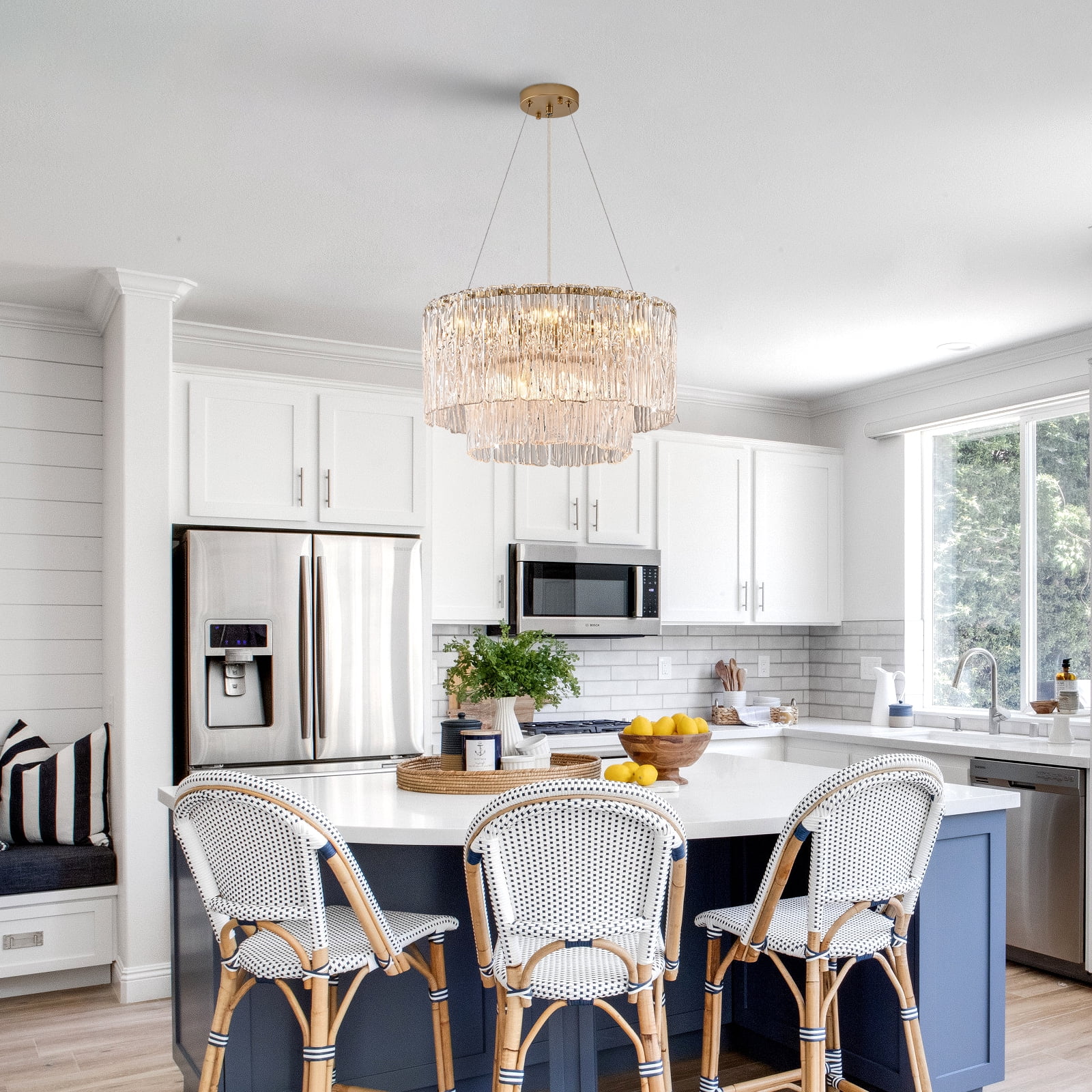 Modern Gold Crystal Chandeliers, 20” 7-Light Crystal Glass Ceiling Pendant Light Fixtures Luxury Round Chandelier 2 Tiers Hanging Lighting for Dining Room Foyer Living Room Bedroom