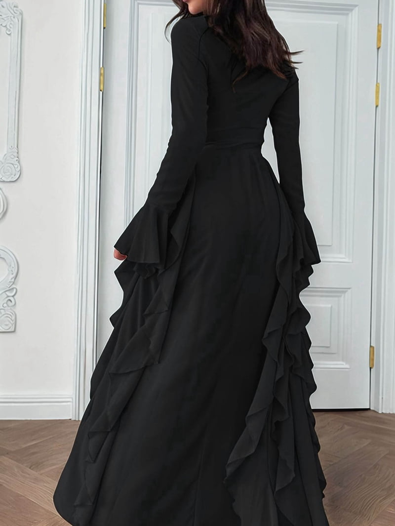 Women'S Bodycon Dresses Elegant Bell Sleeve Ruffle Hem Cocktail Party Long Dress Black XL