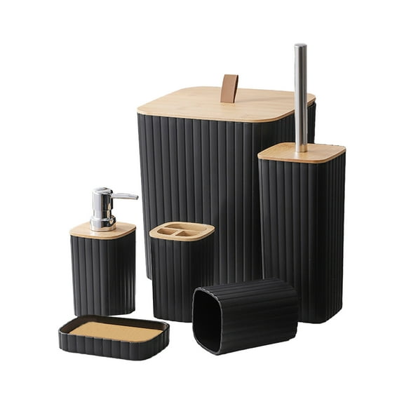Jioakfa Bathroom Accessories Set 6 Piece Bamboo Bath Includes Soap Dispenser, Toothbrush Holder, Toothbrush Cup, Soap Dish For Decorative Countertop And Housewarming Gift Black