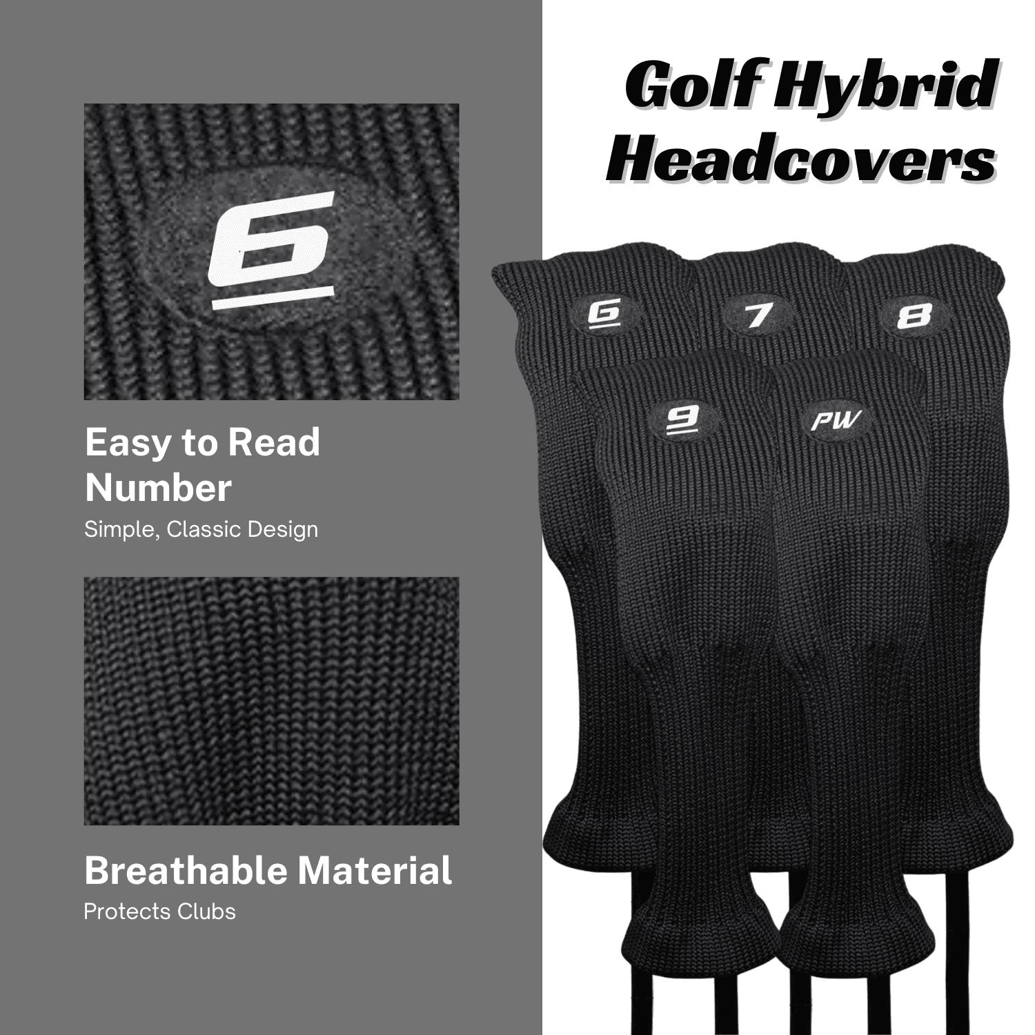 Majek All Hybrid Head Cover Golf Club Black Sleek Tight Fit Headcover Set 6-PW Acrylic Head Covers 6 7 8 9 PW Easy to See Large White Embroidered Numbers