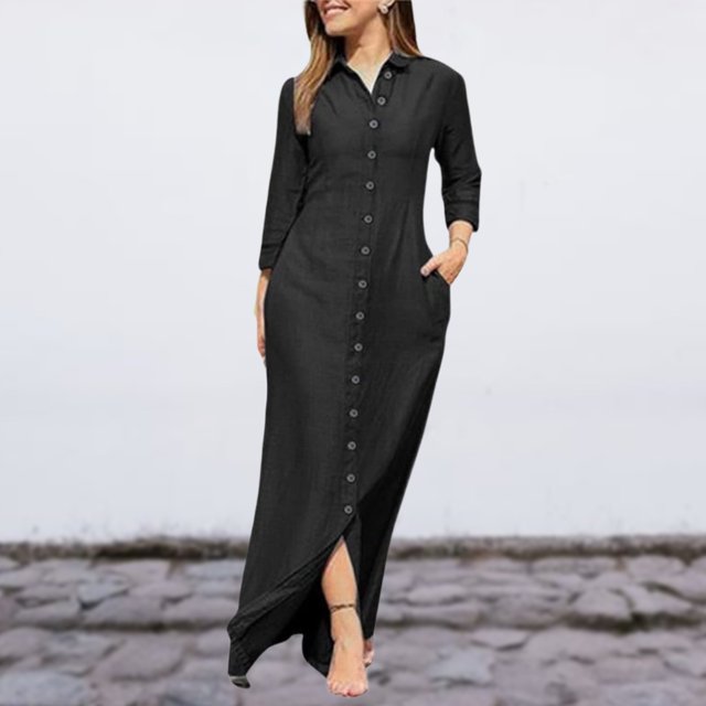 Vestido de mujer con bolsillos manga larga cuello vuelto vestido clásico traje diario