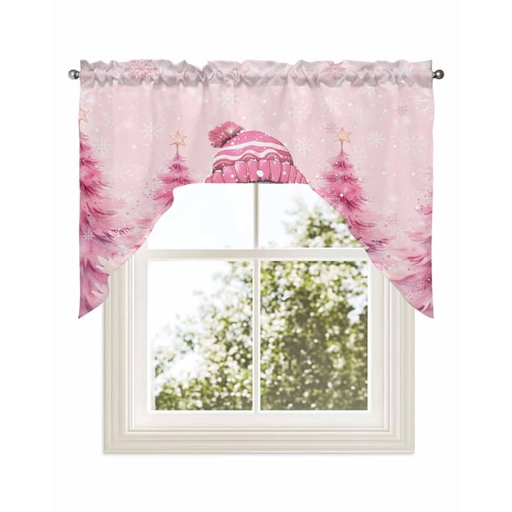 Christmas Snowman, Kitchen Curtains Swag Valance for Windows/Bathroom/Cafe, Pink Winter Fantasy Snowflake Rod Pocket Drape Panel Swag Curtains Valance for Bedroom/Living Room 56"x36"