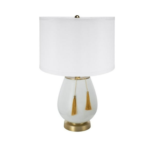 A&B Home Table Lamp with Drum Shade and Two Tassel Accents - 14" x 14" x 22.2" - White/Gold