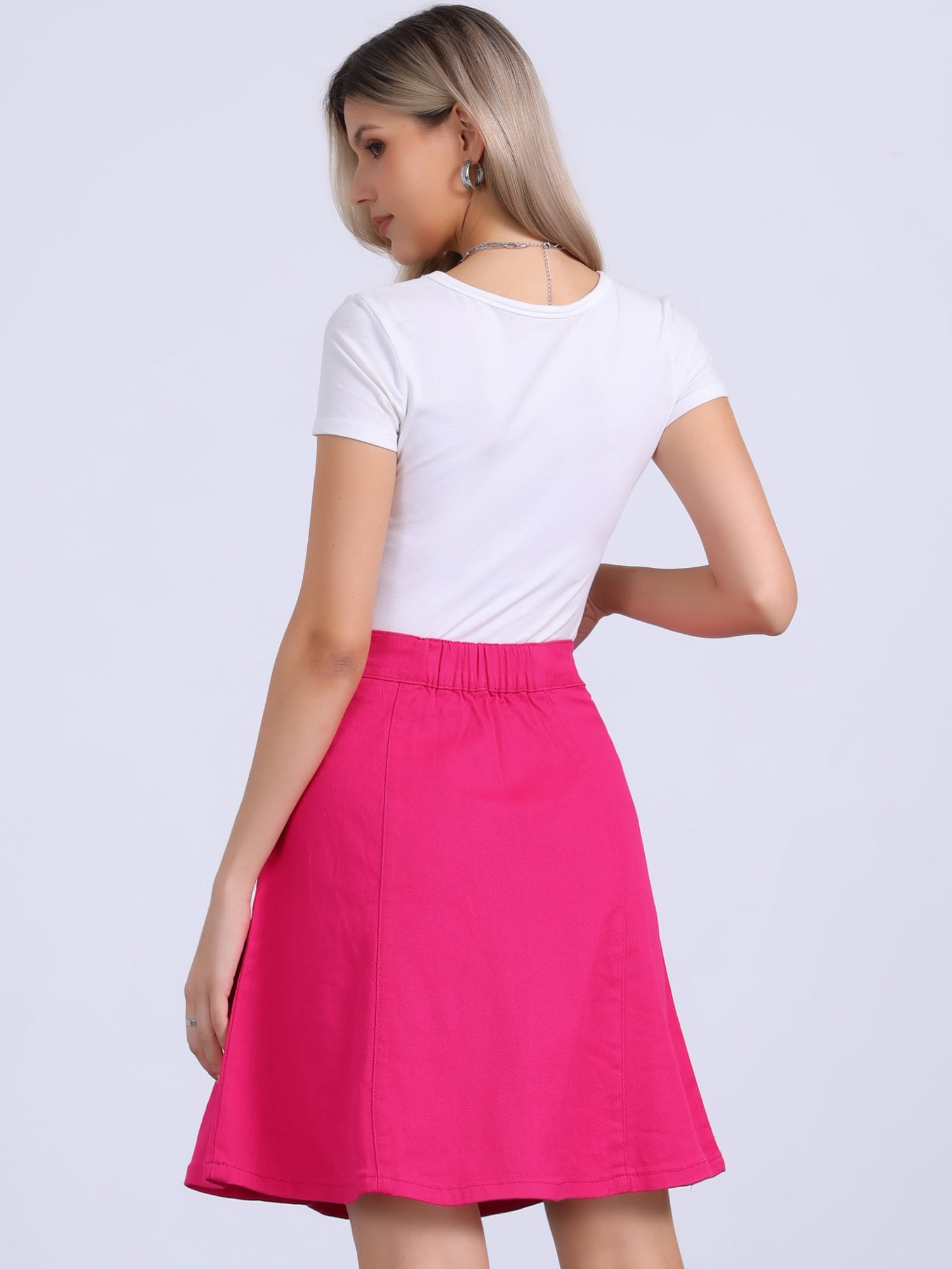 DARING DIVA Women's High Waist Stretch Knee Length Flared Jean Skirts M Hot Pink