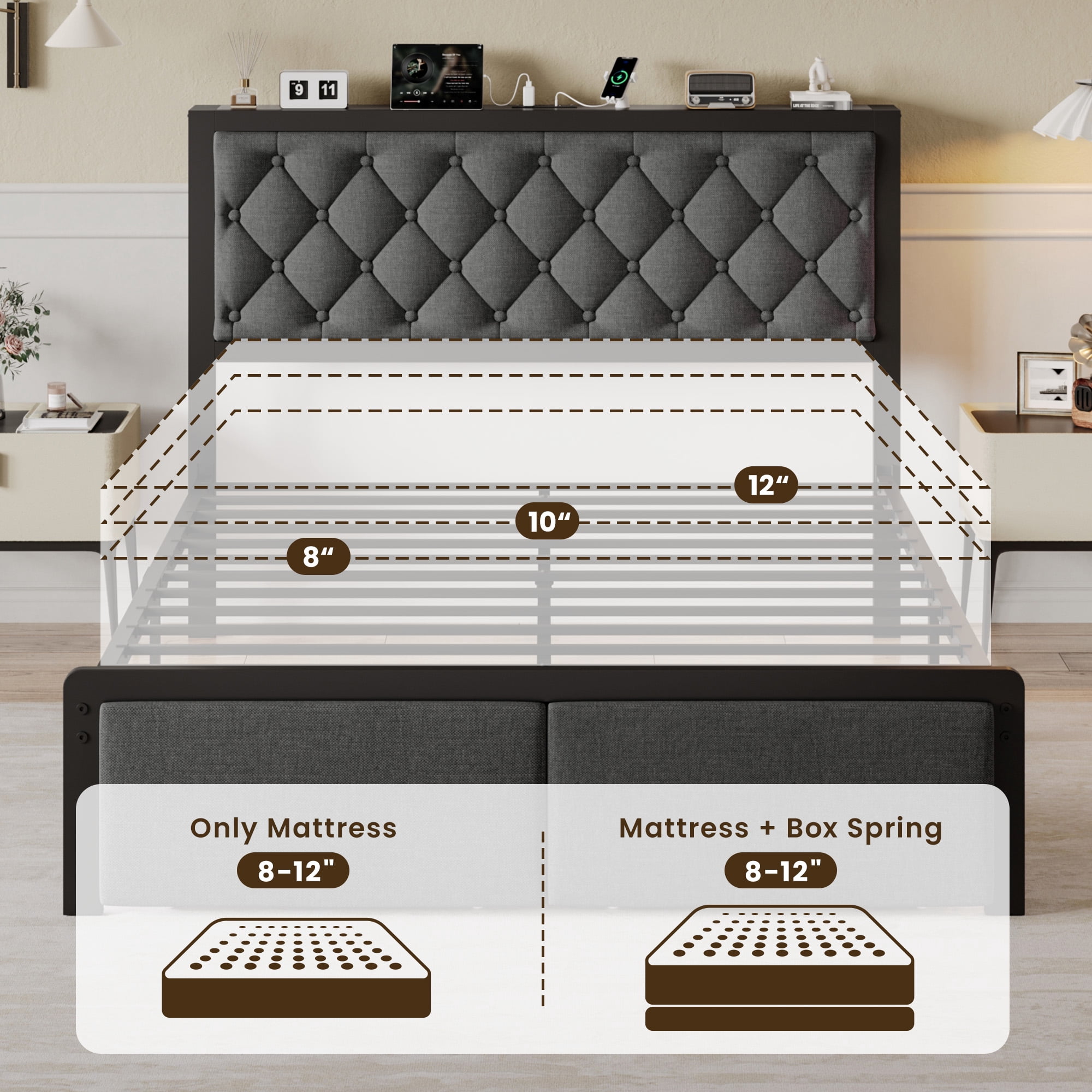 Bolvdo Bed Frame with Linen Upholstered Headboard, Lockable Storage, Queen Size, Gray