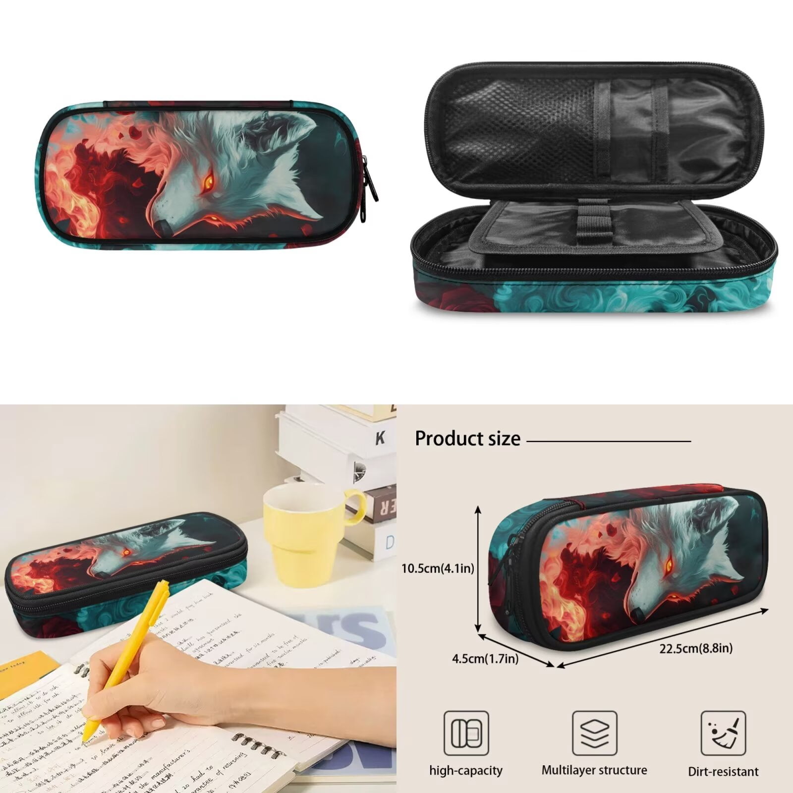 Pzuqiu Cool Wolf Kids Backpack for Boys 4 Piece School Bookbag with Lunch Box Lightweight School Bag for Boys 10-12 Elementary Backpack with Pencil Box Water Bottle Holder