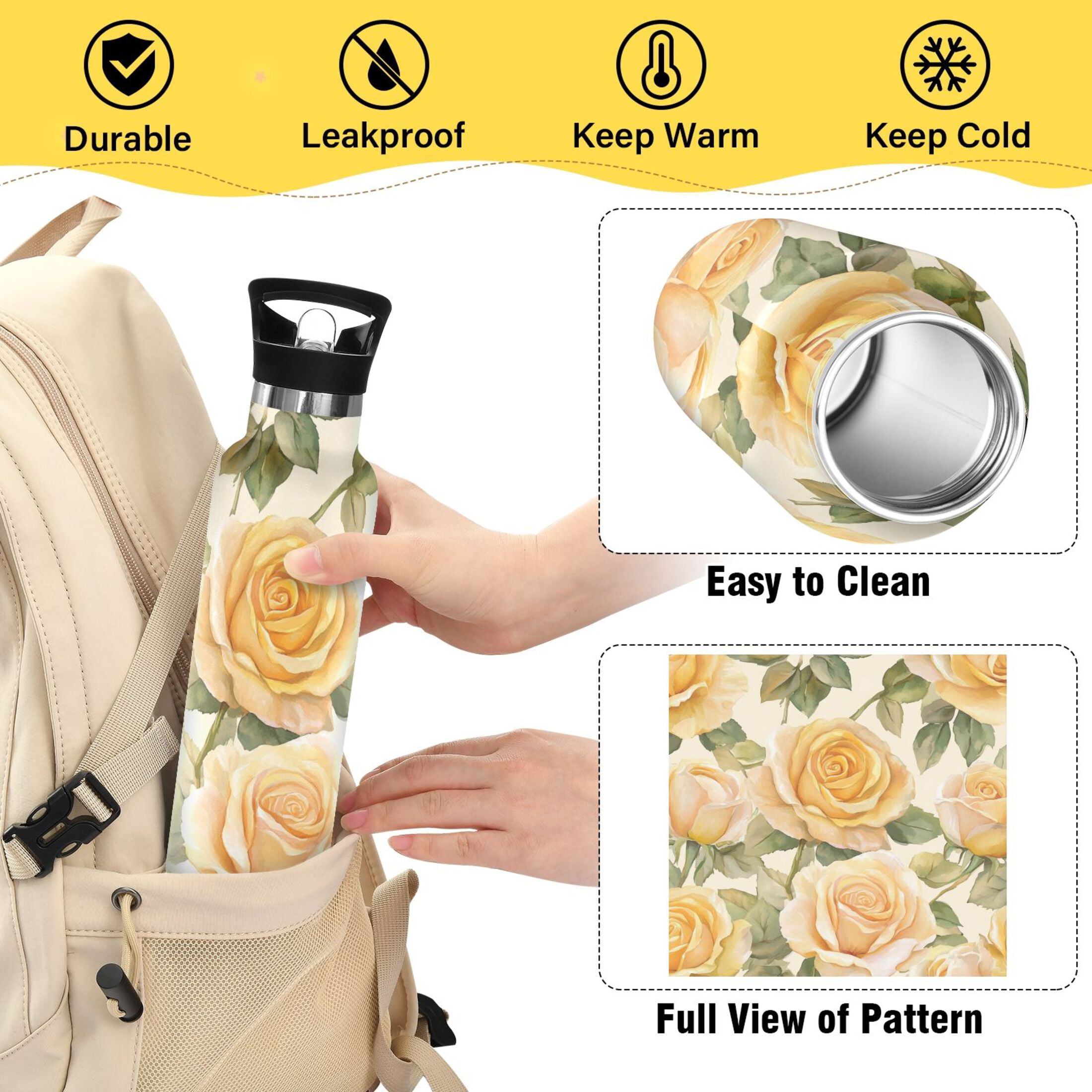 600ML Stainless Steel Insulated Cup Sports Water Bottle Portable Thermos Cup Water Glasses Insulated Tumblers Convenient and Durable Cartoon Gold Roses