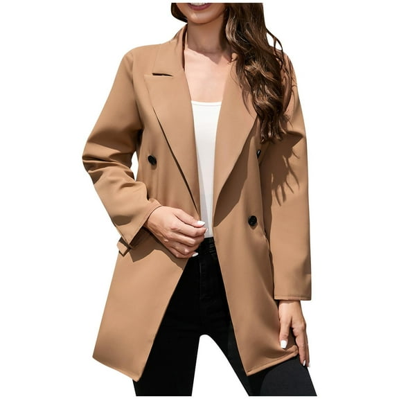 XFLWAM Business Blazer Jackets for Women Double Breasted Trench Coats Notched Lapel Collar Open Front Jackets Work Business Outerwear Khaki XXL